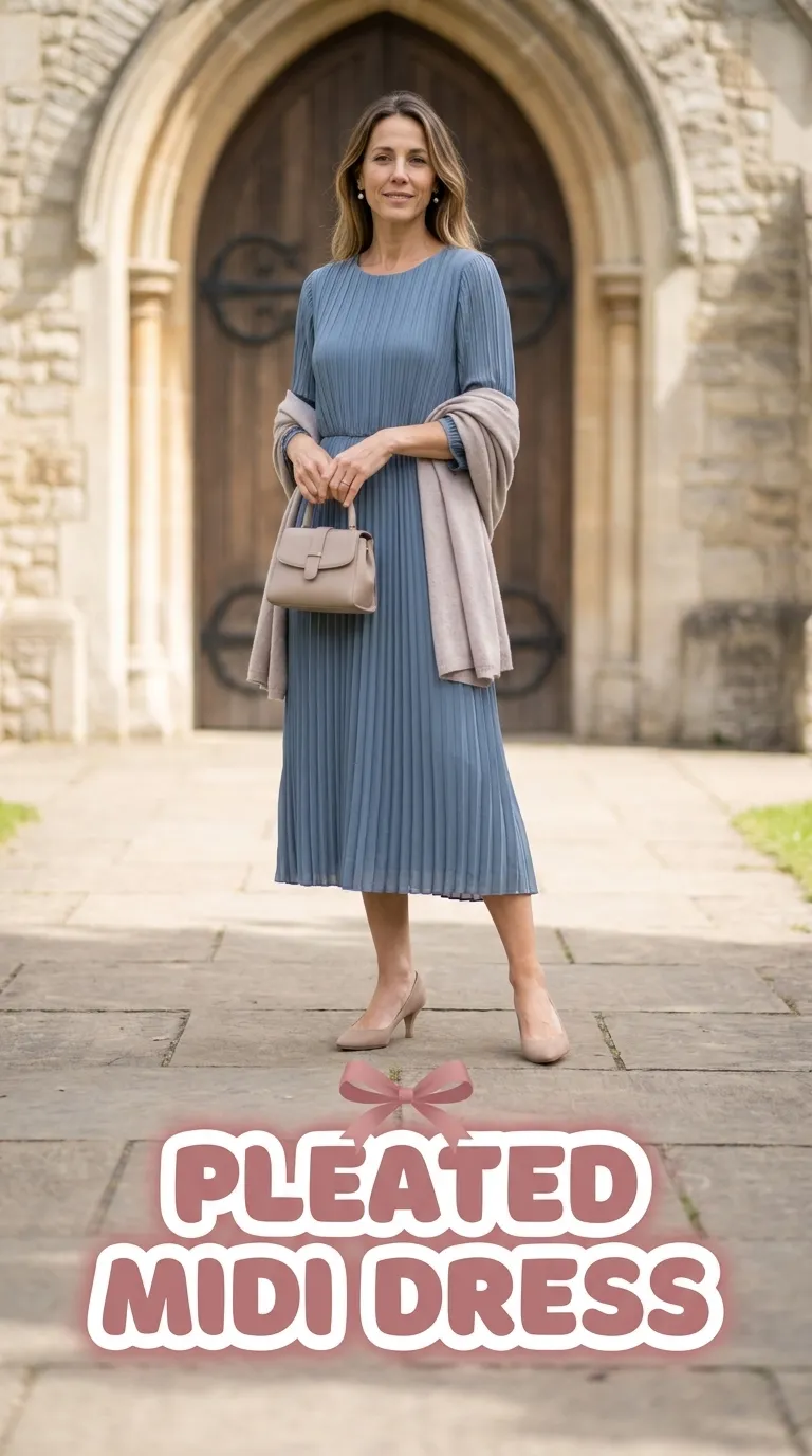 Woman wearing a pleated midi dress with three-quarter sleeves and a light wrap