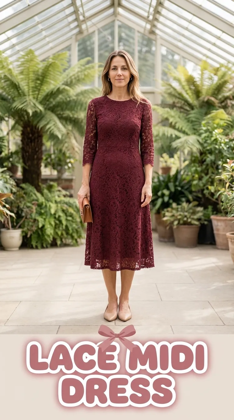Woman wearing a lined lace midi dress with three-quarter sleeves and pointed-toe flats