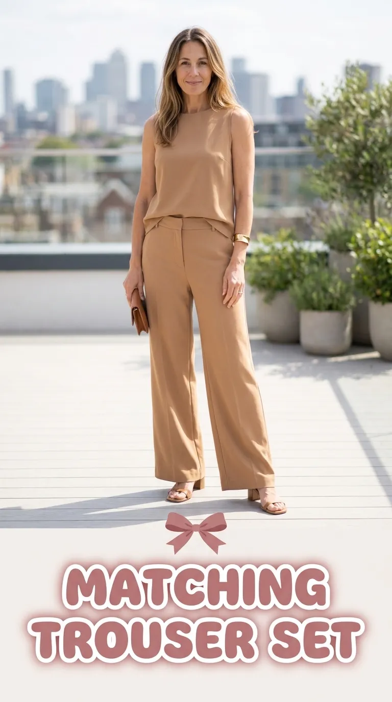 Woman wearing a matching sleeveless top and wide-leg trousers with strappy block-heel sandals