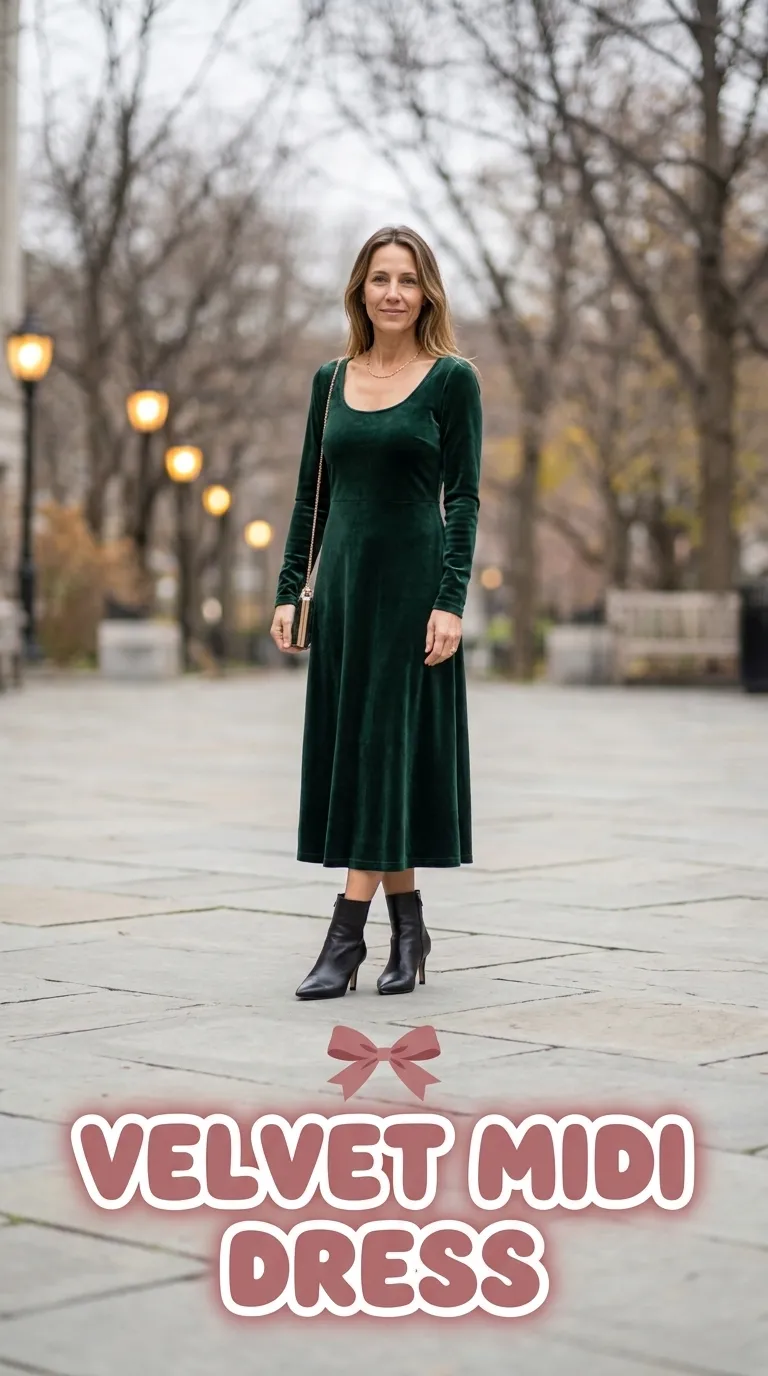 Woman wearing a long-sleeve velvet midi dress with sleek heeled ankle boots