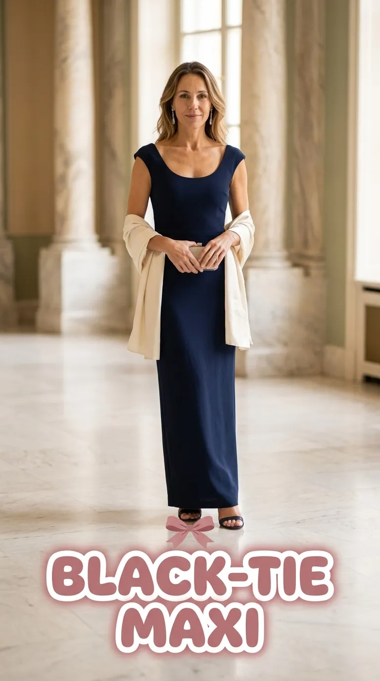 Woman wearing a floor-length column maxi dress with a satin wrap and heeled sandals