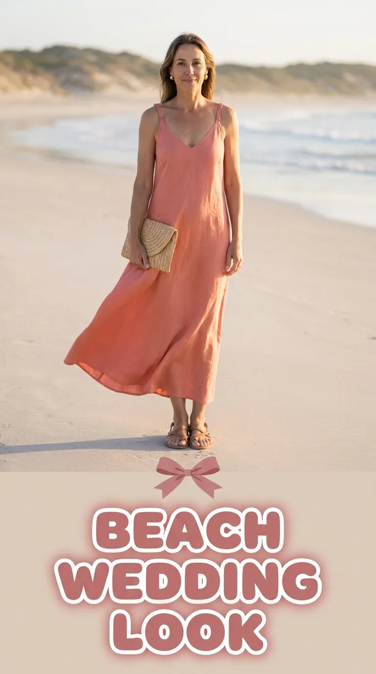 Woman wearing a linen-blend maxi dress with adjustable straps and dressy flat sandals