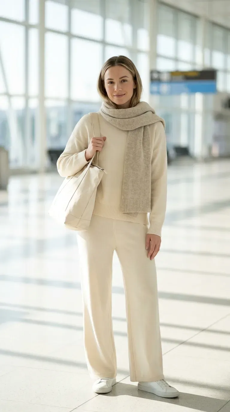 Cream cable-knit sweater, black leggings, and white sneakers laid flat on a linen surface
