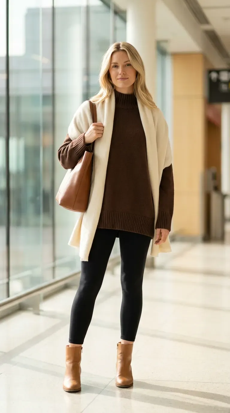 Chocolate brown mock-neck sweater, black leggings, cream scarf, and brown ankle boots in a flat lay