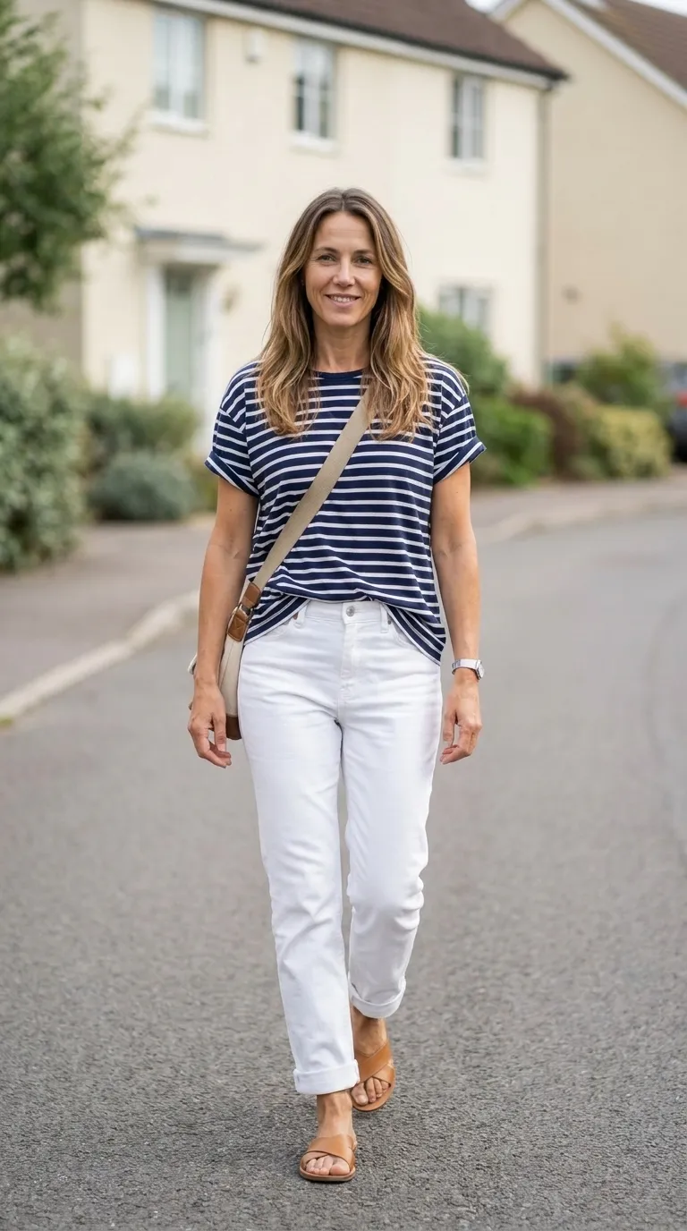 Woman wearing a navy striped tee with white straight-leg jeans and tan flat sandals