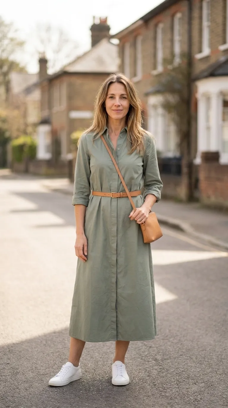 Woman wearing a sage green midi shirt dress with a tan belt and white leather sneakers