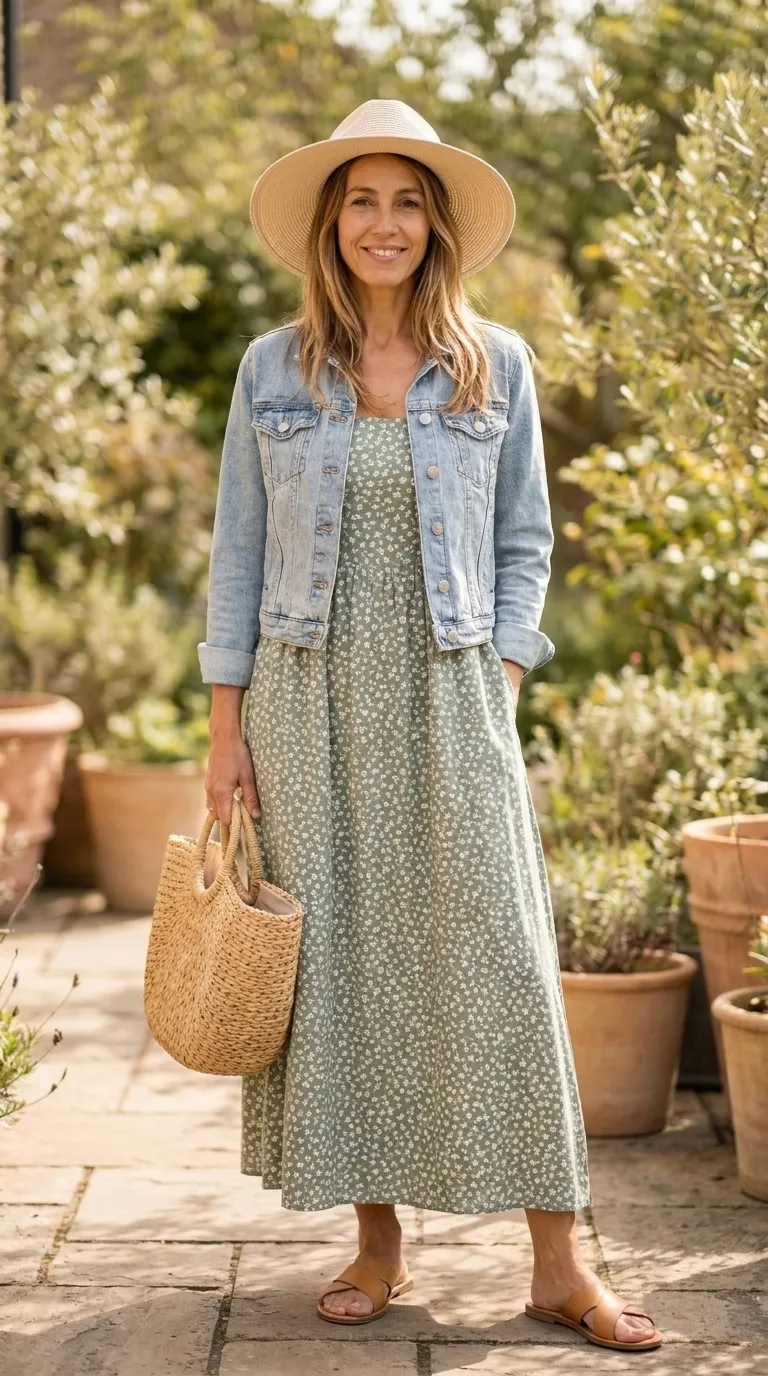 Woman wearing a sage green floral maxi sundress with a light denim jacket and tan flat sandals