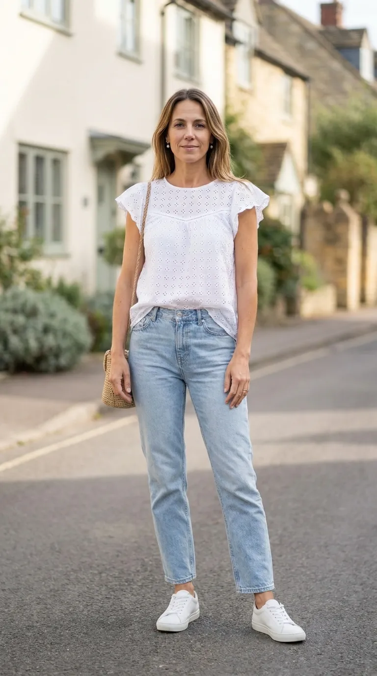 Woman wearing a white cotton eyelet top with light-wash straight jeans and white leather sneakers