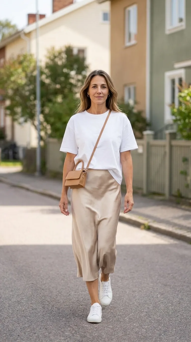 Woman wearing a white relaxed tee with a champagne satin midi slip skirt and white leather sneakers