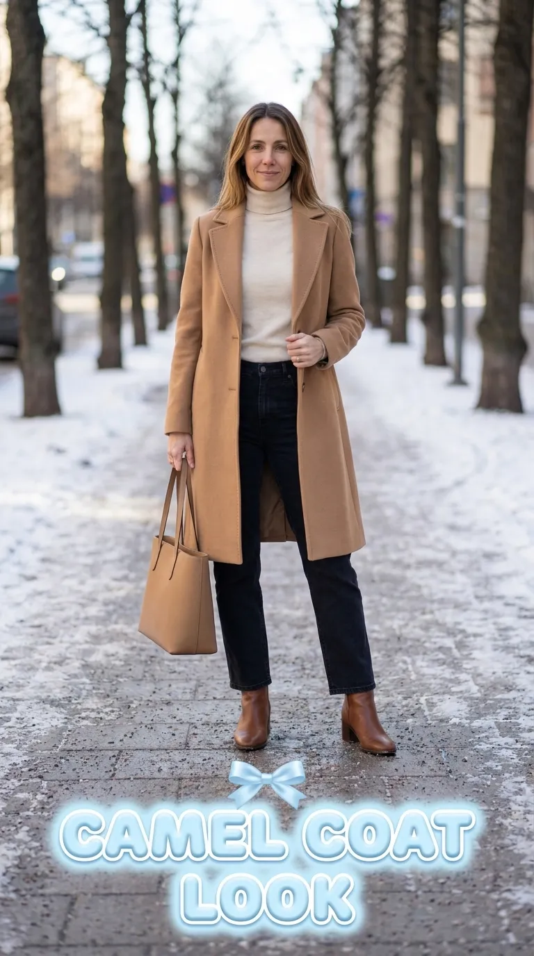 Woman wearing a camel wool-blend coat open over a cream turtleneck, dark straight-leg jeans, and leather ankle boots