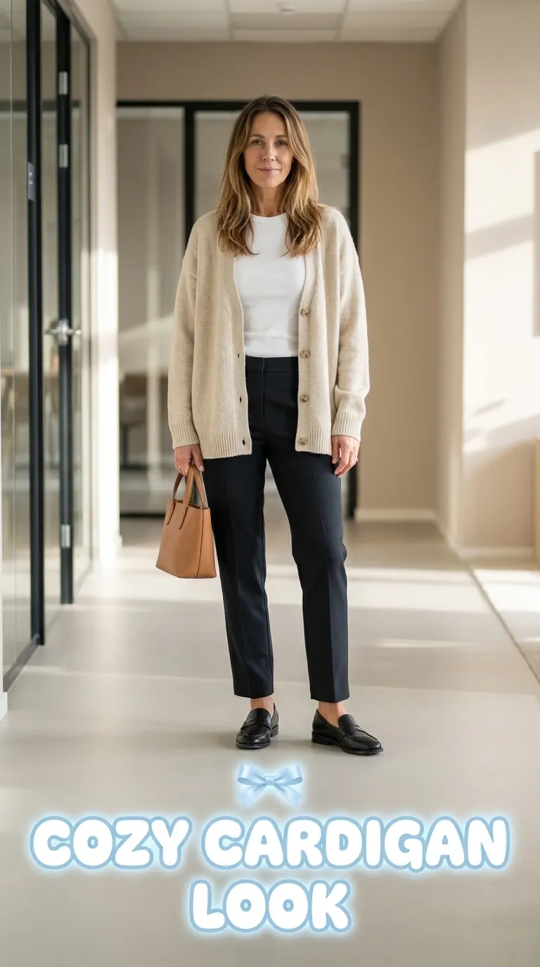 Woman wearing an oatmeal oversized cardigan over a white fitted tee, dark straight-leg trousers, and leather loafers