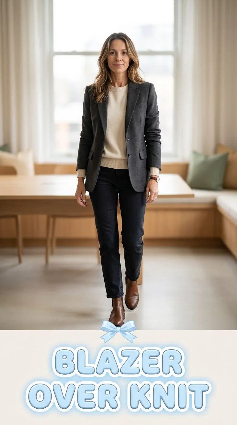 Woman wearing a charcoal wool-blend blazer over a cream knit sweater, dark jeans, and Chelsea boots