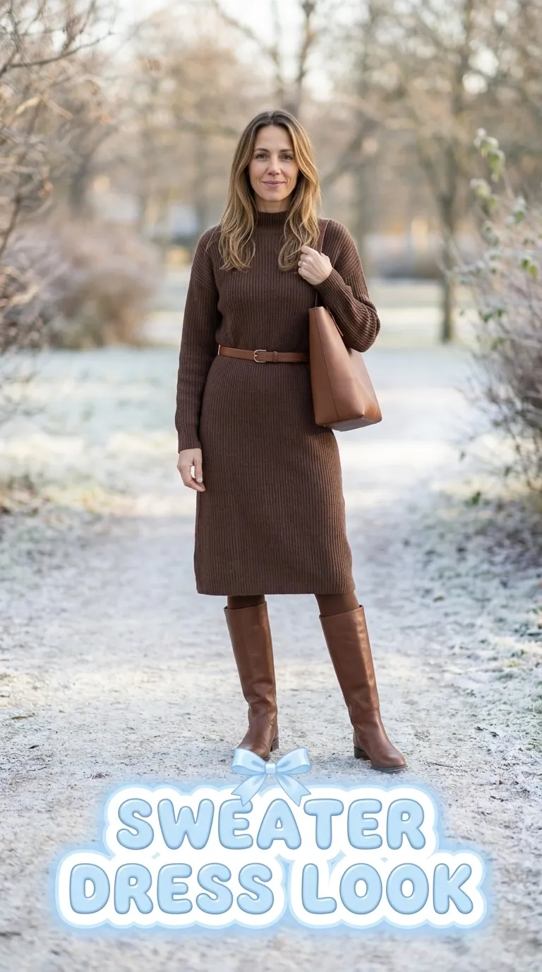 Woman wearing a chocolate brown knit sweater dress with knee-high leather boots and opaque tights