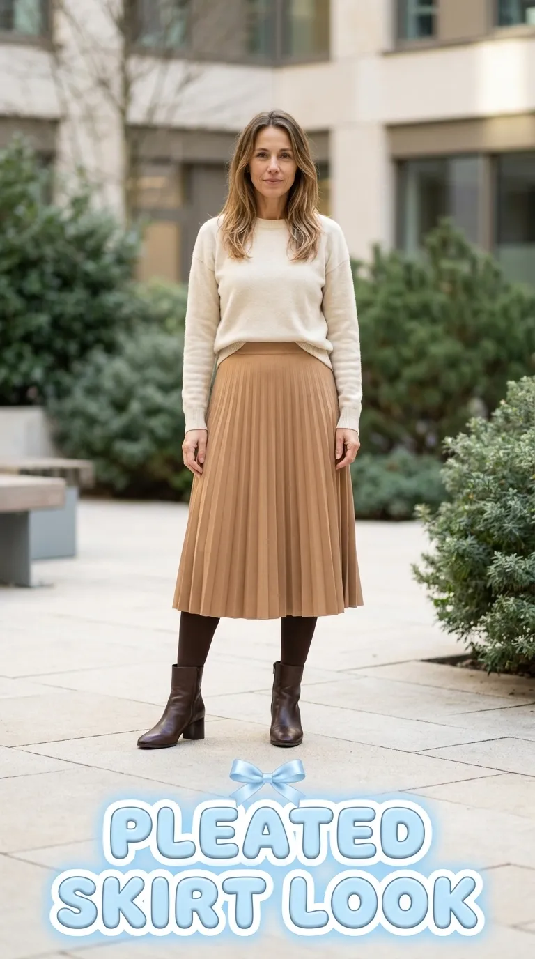 Woman wearing a camel pleated midi skirt with a fitted cream sweater tucked in, opaque tights, and leather ankle boots