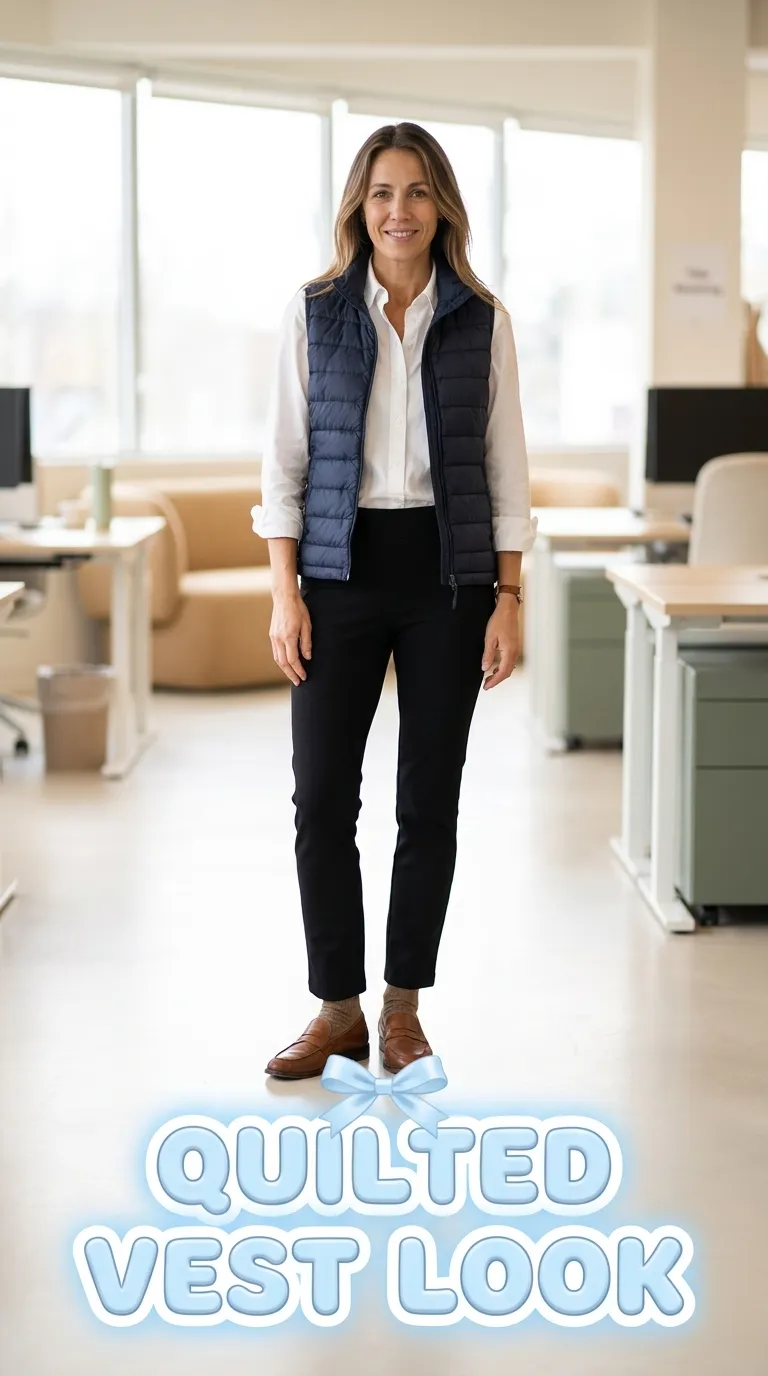 Woman wearing a navy quilted vest over a white button-down shirt, black ponte pants, and leather loafers
