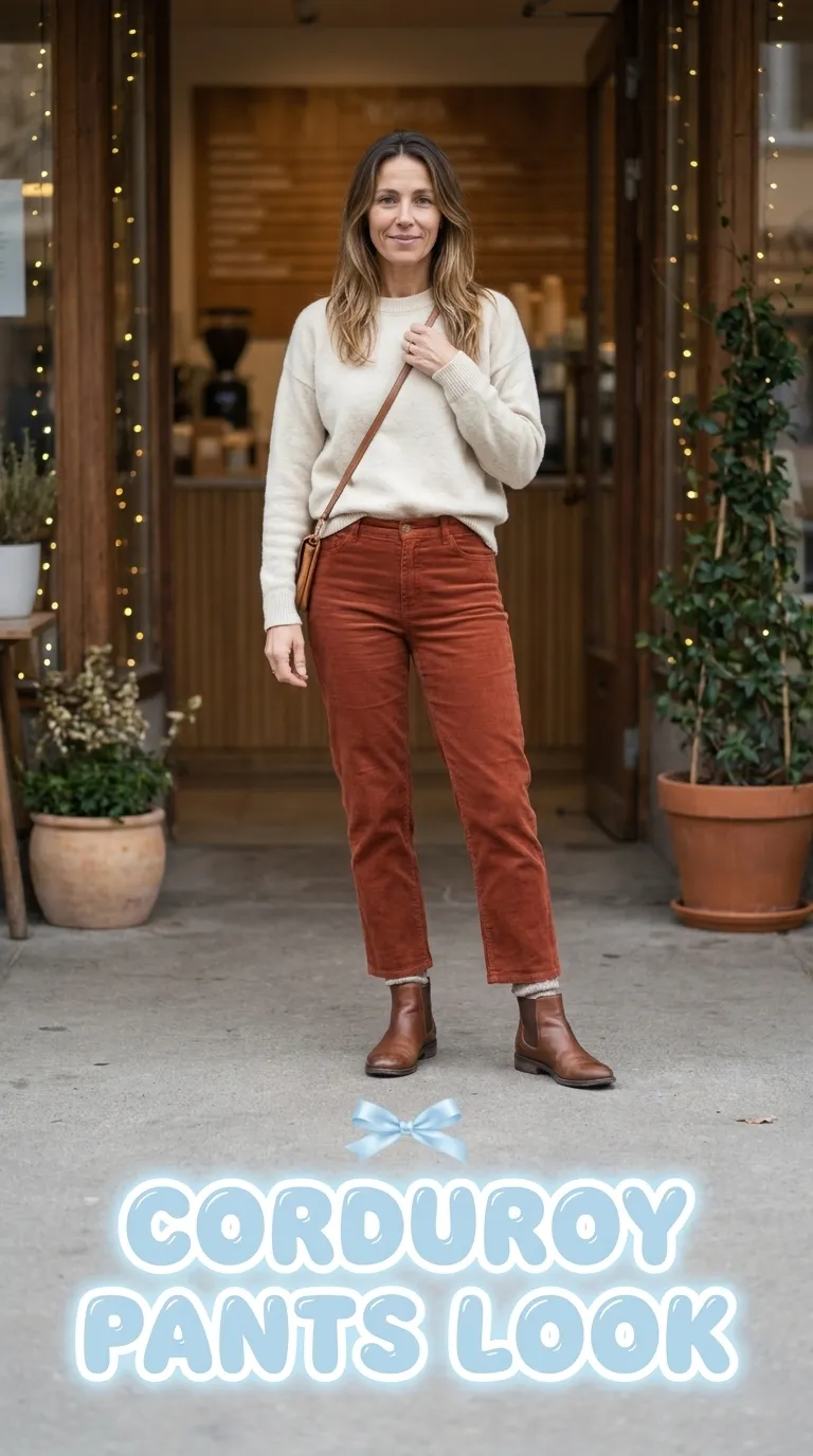 Woman wearing rust straight-leg corduroy pants with a cream crewneck sweater, wool socks, and leather ankle boots