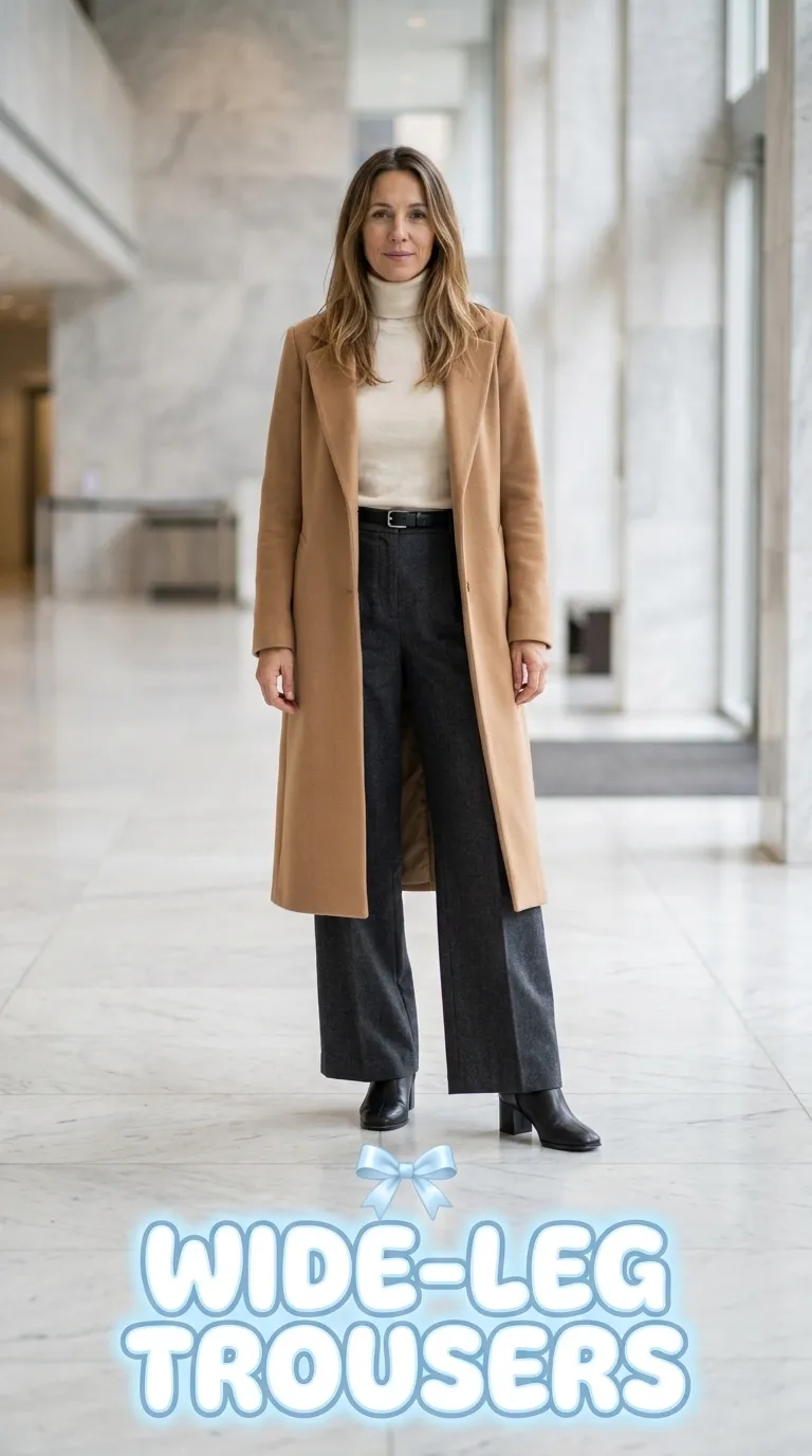 Woman wearing charcoal wide-leg trousers with an ivory fine-gauge turtleneck tucked in, a long wool coat, and leather ankle boots