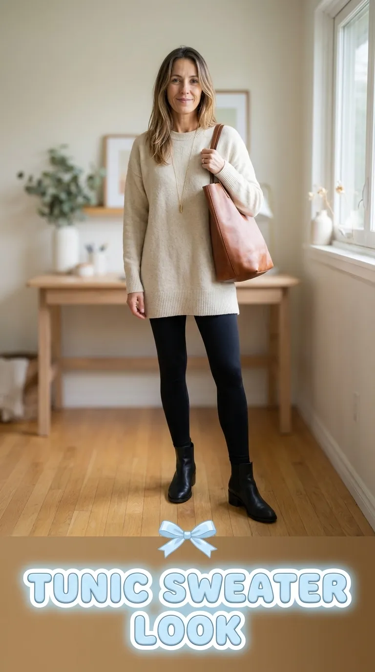 Woman wearing a long oatmeal tunic sweater over black ponte leggings with leather ankle boots and a long necklace