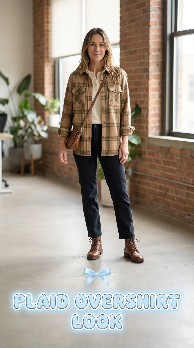 Woman wearing a muted camel and olive plaid overshirt open over a cream henley, dark straight jeans, and leather lace-up boots