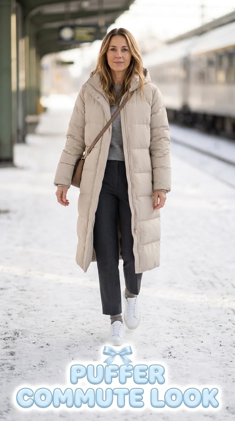 Woman wearing a long stone puffer coat over a gray knit top, charcoal ankle pants, and clean white leather sneakers
