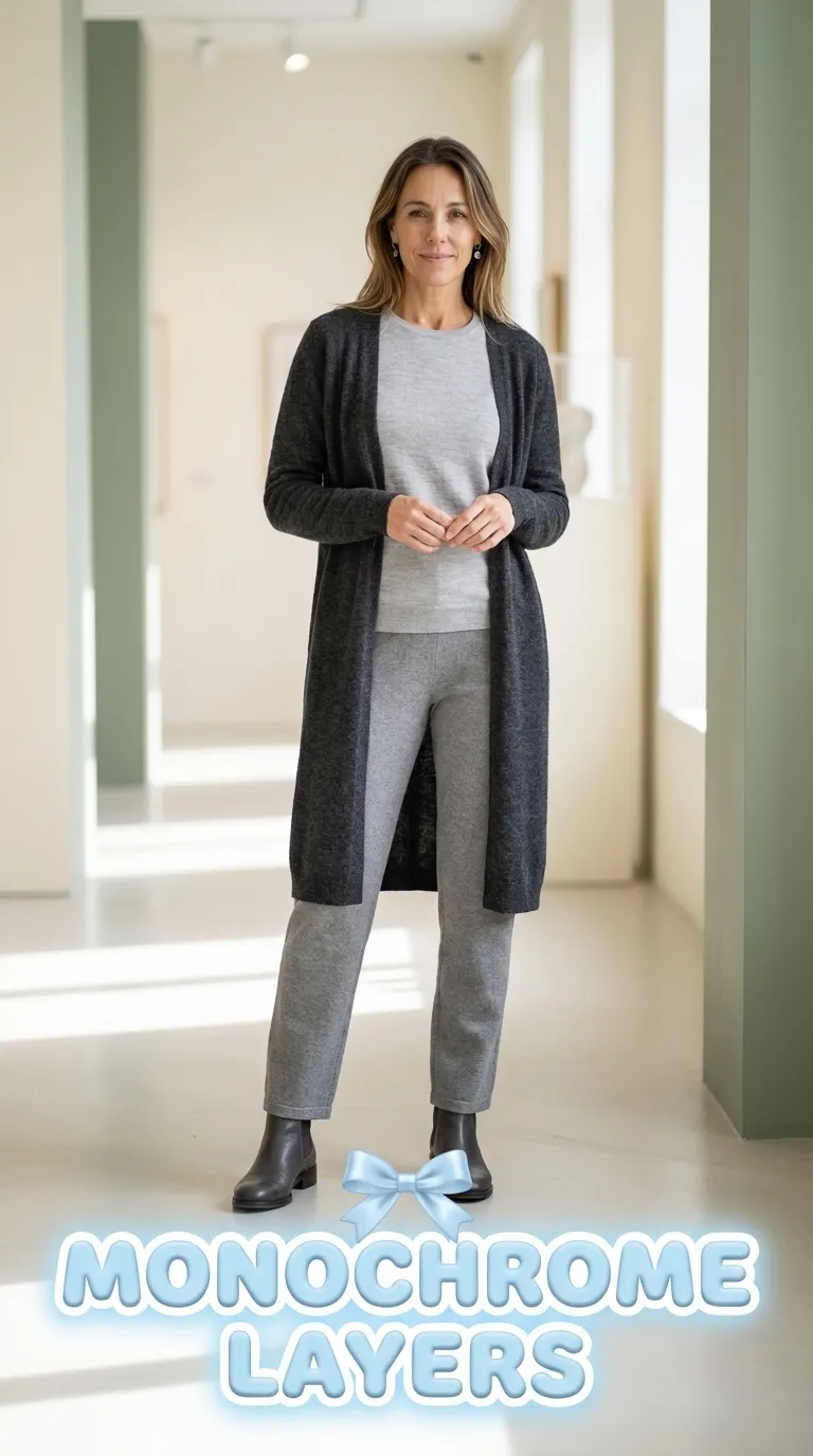 Woman wearing light gray knit top, mid-gray knit trousers, and a long charcoal cardigan with leather ankle boots