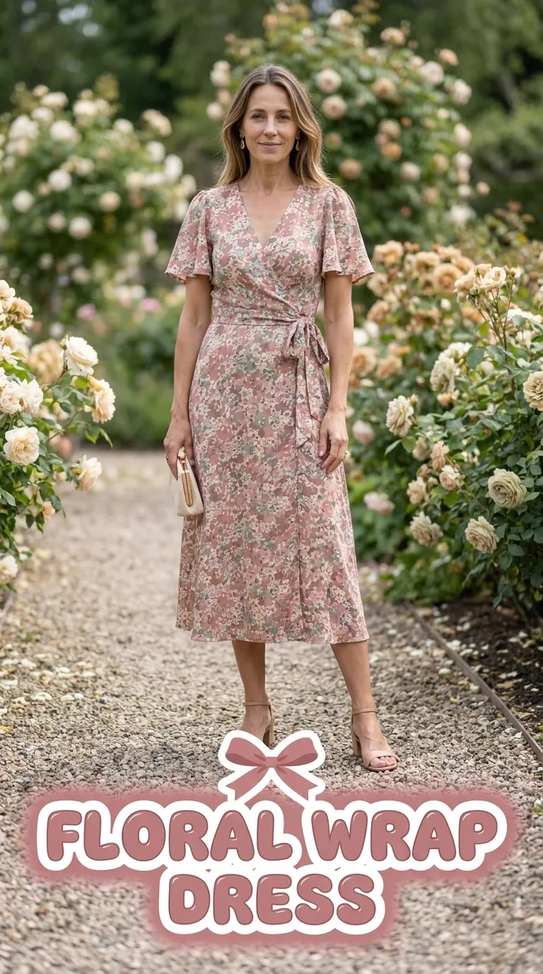 Woman in a floral wrap midi dress with block heels at a garden wedding