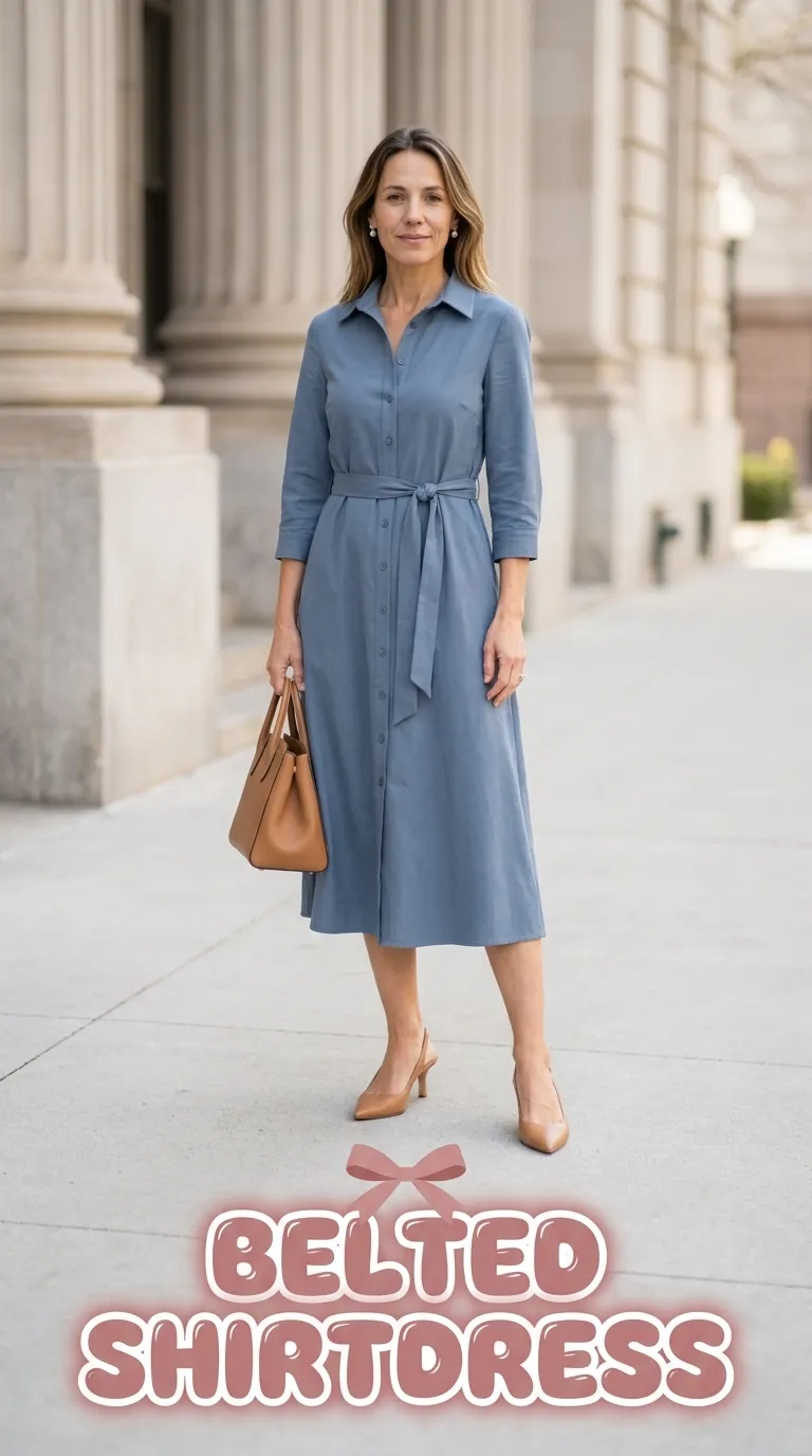 Woman in a dusty blue belted shirtdress with slingback heels outside a courthouse