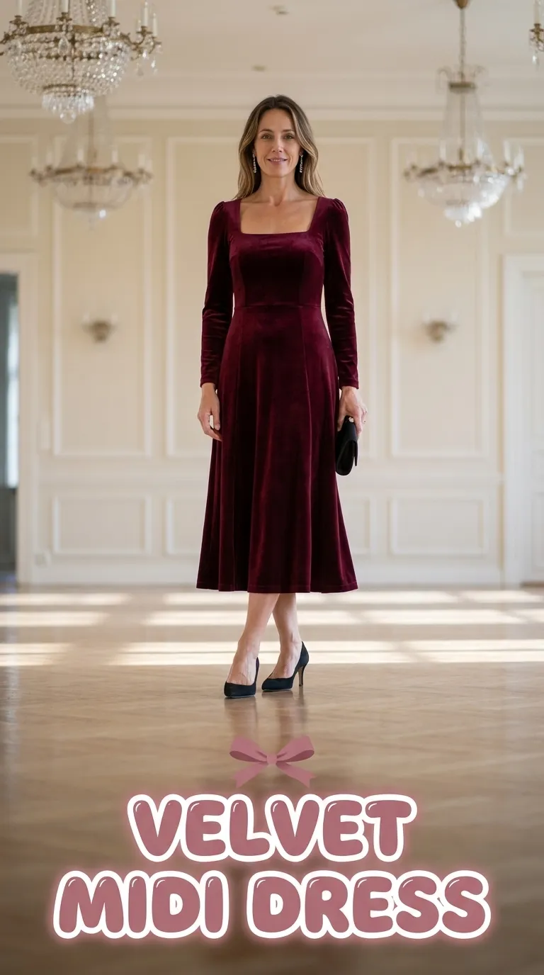 Woman in a burgundy velvet midi dress with pointed pumps in a ballroom