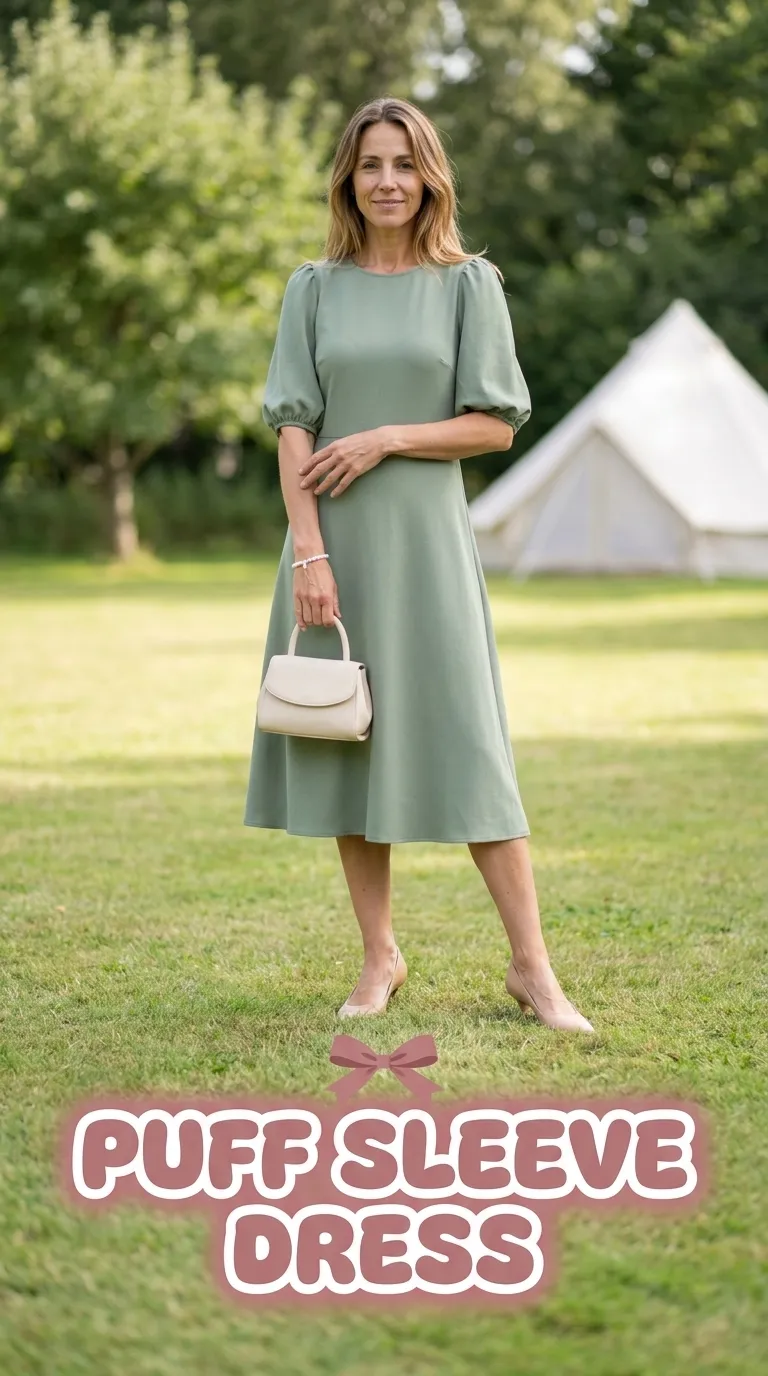 Woman in a sage green puff-sleeve A-line dress with nude kitten heels on a lawn