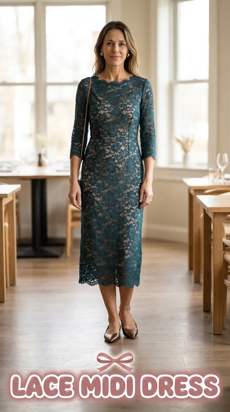 Woman in a teal lace midi dress with bronze pointed flats at a restaurant dinner
