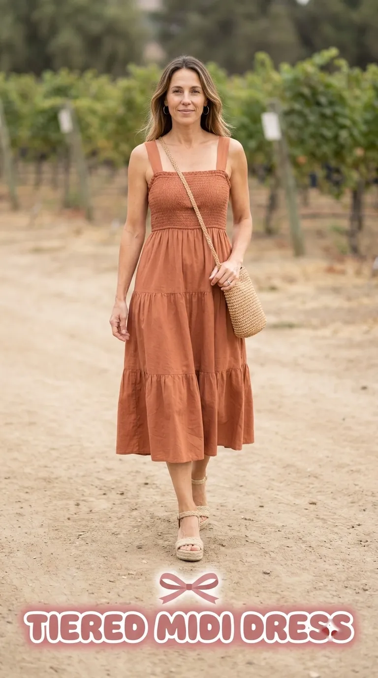 Woman in a terracotta tiered midi dress with wedge sandals at a vineyard