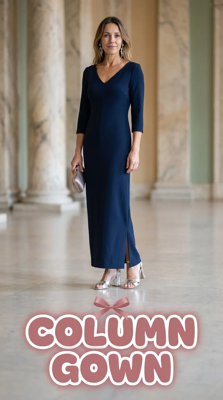 Woman in a midnight blue column gown with metallic sandals and statement earrings in a historic hall