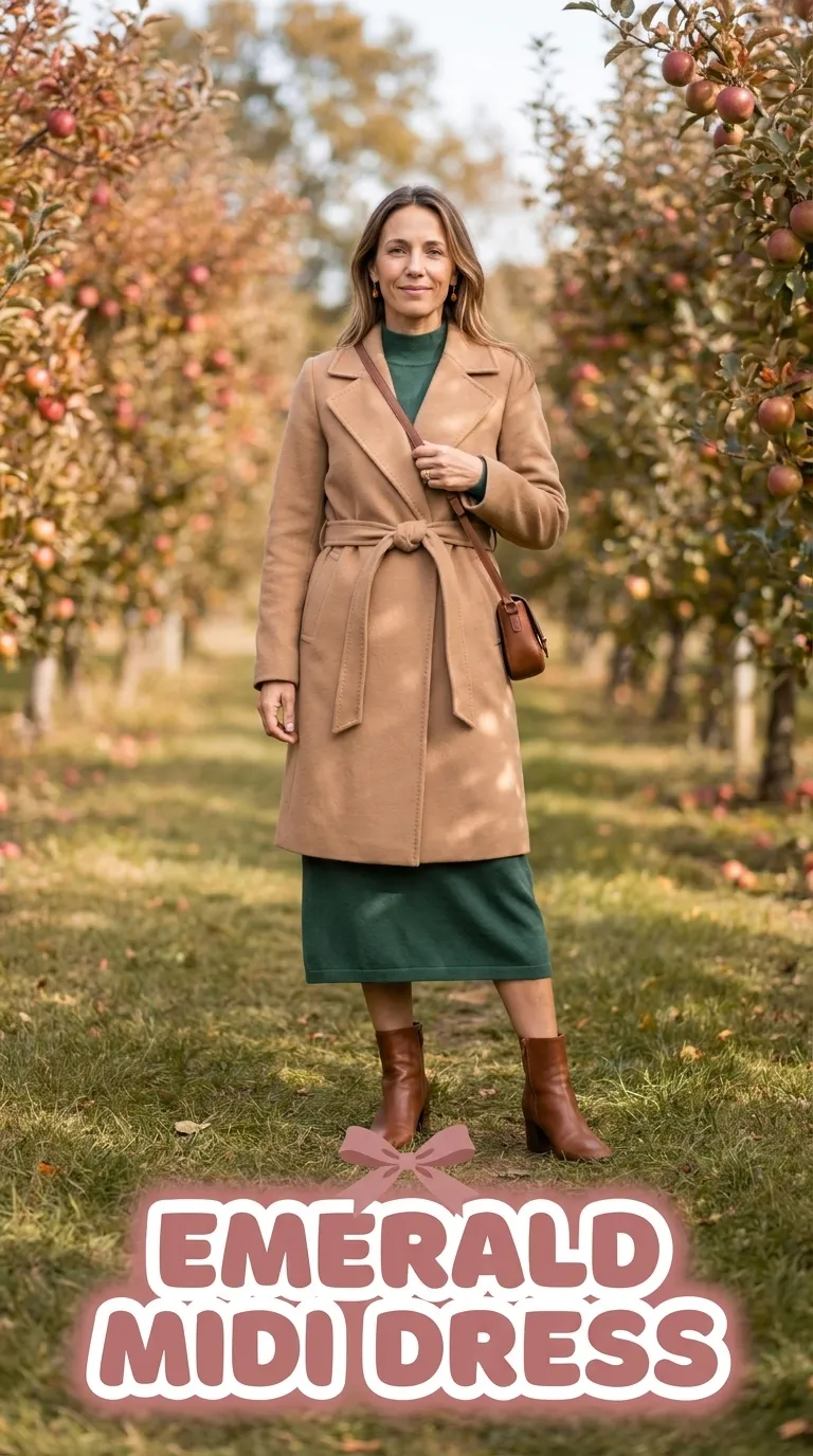 Woman in an emerald knit midi dress and camel wool wrap coat with ankle boots in an orchard