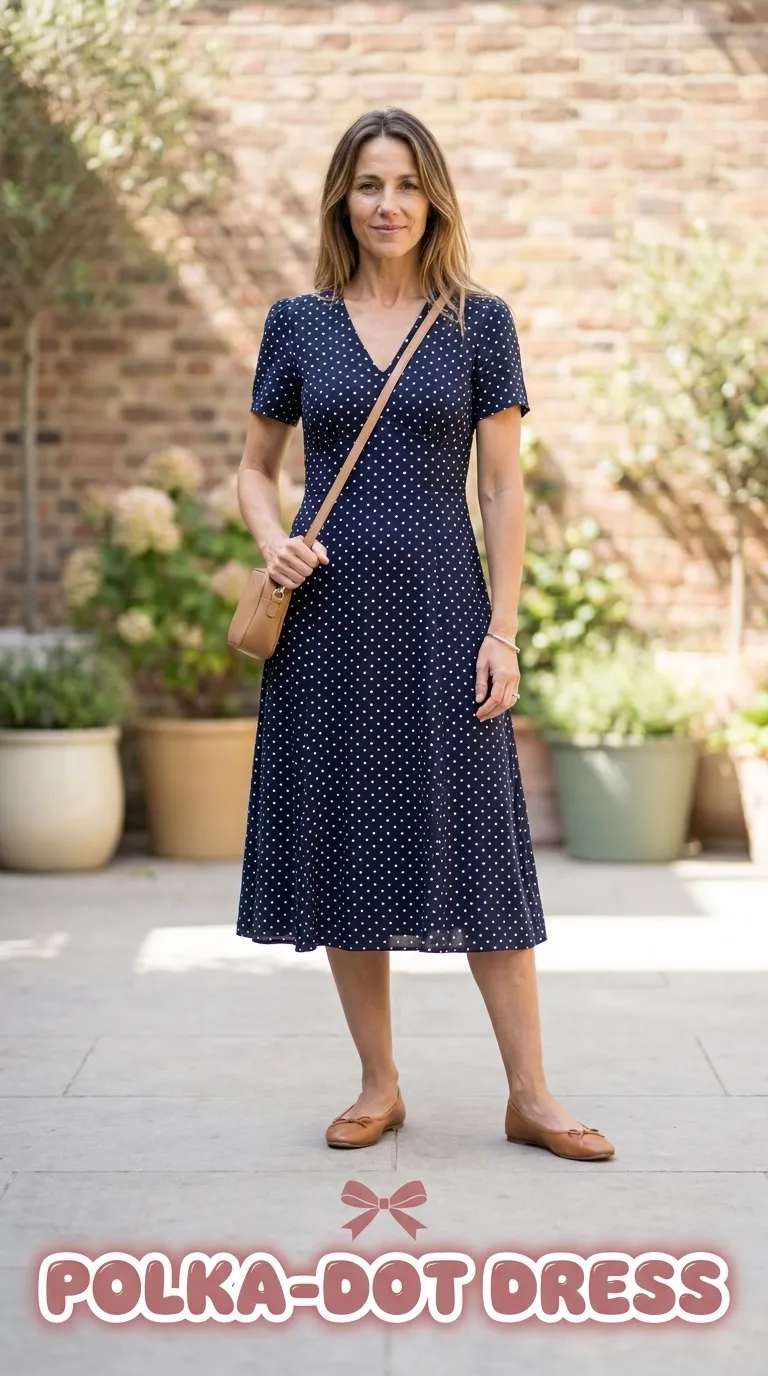 Woman in a navy polka-dot midi dress with tan ballet flats in a courtyard garden