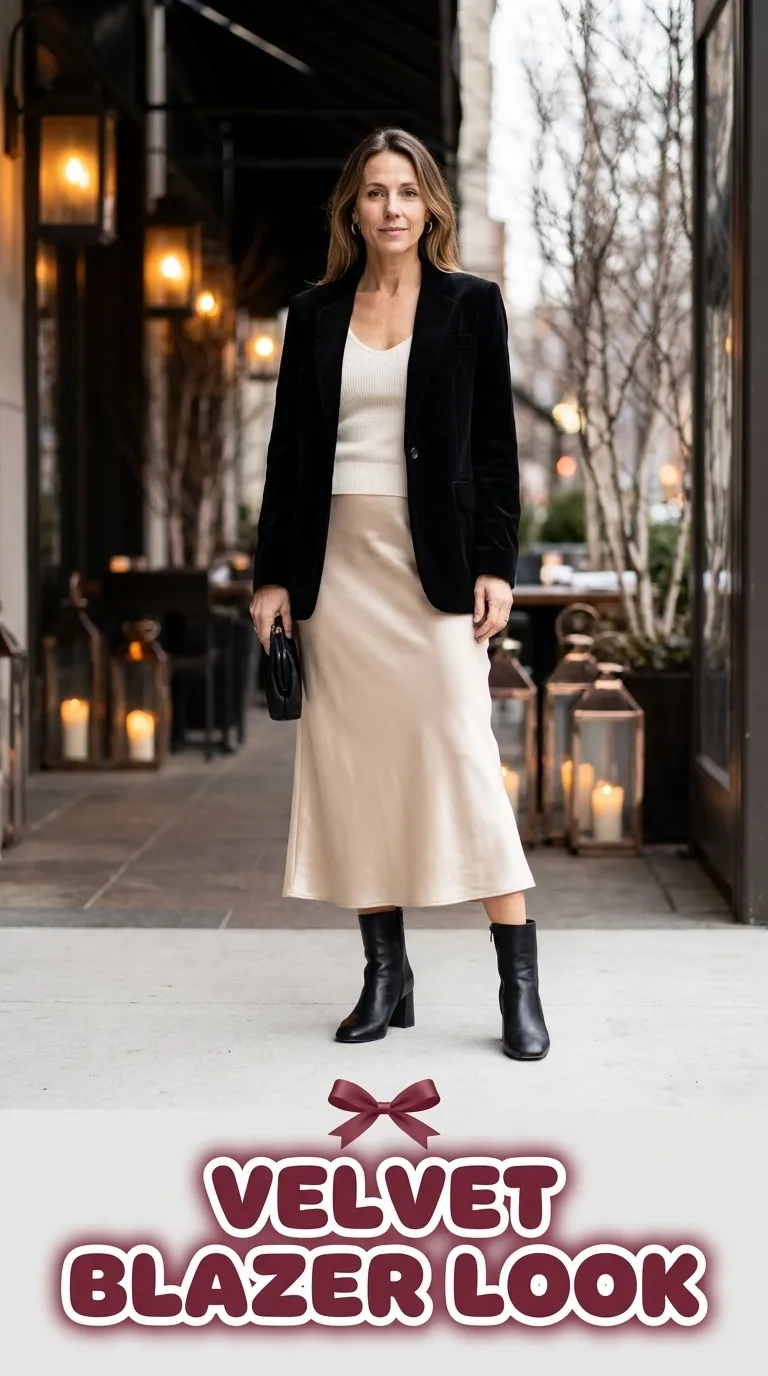 Woman in a black velvet blazer and champagne satin slip skirt with heeled ankle boots