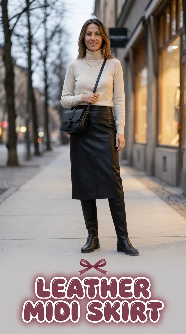 Woman in a cream turtleneck and black leather midi skirt with heeled tall boots
