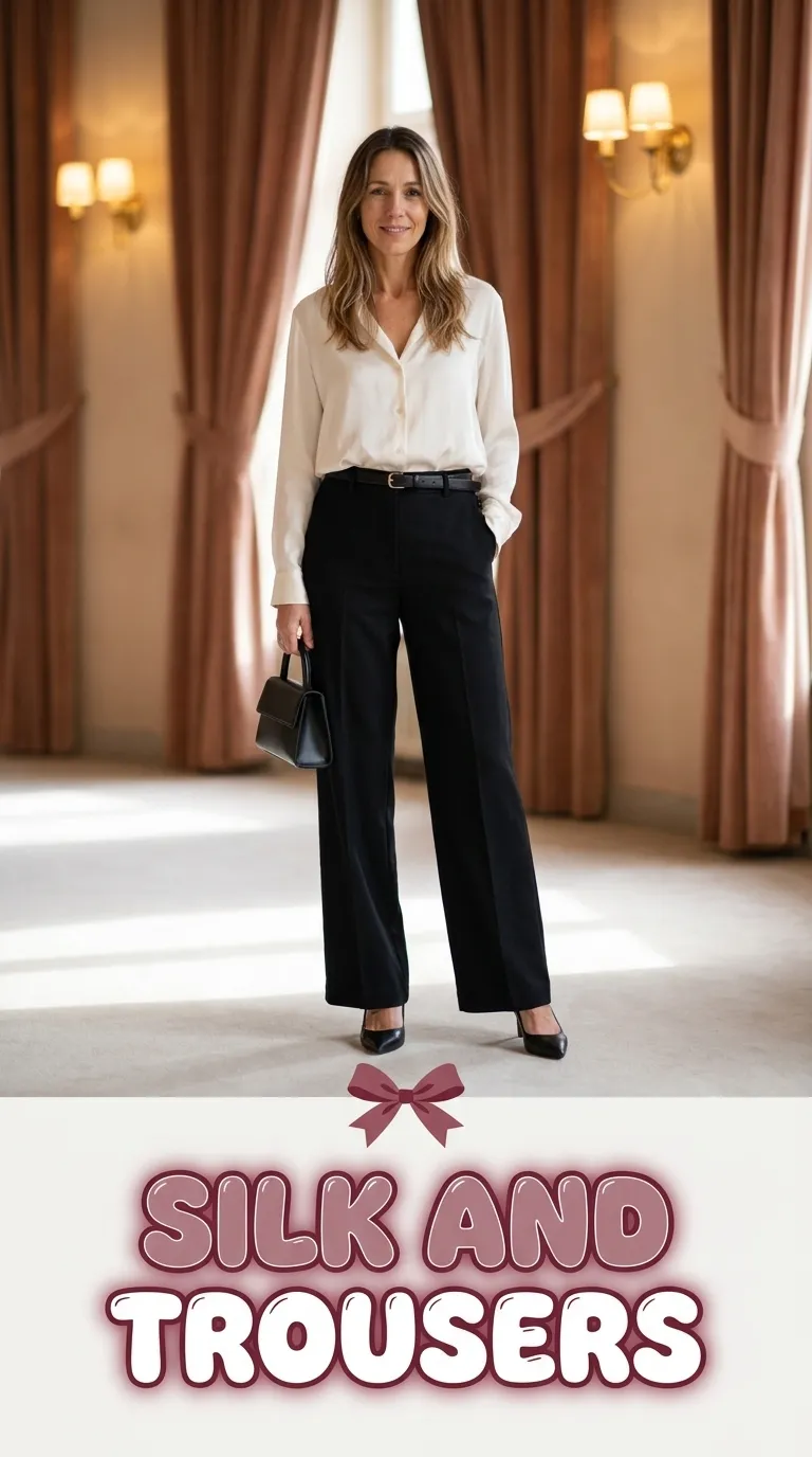 Woman in an ivory silk blouse and black wide-leg trousers with pointed pumps