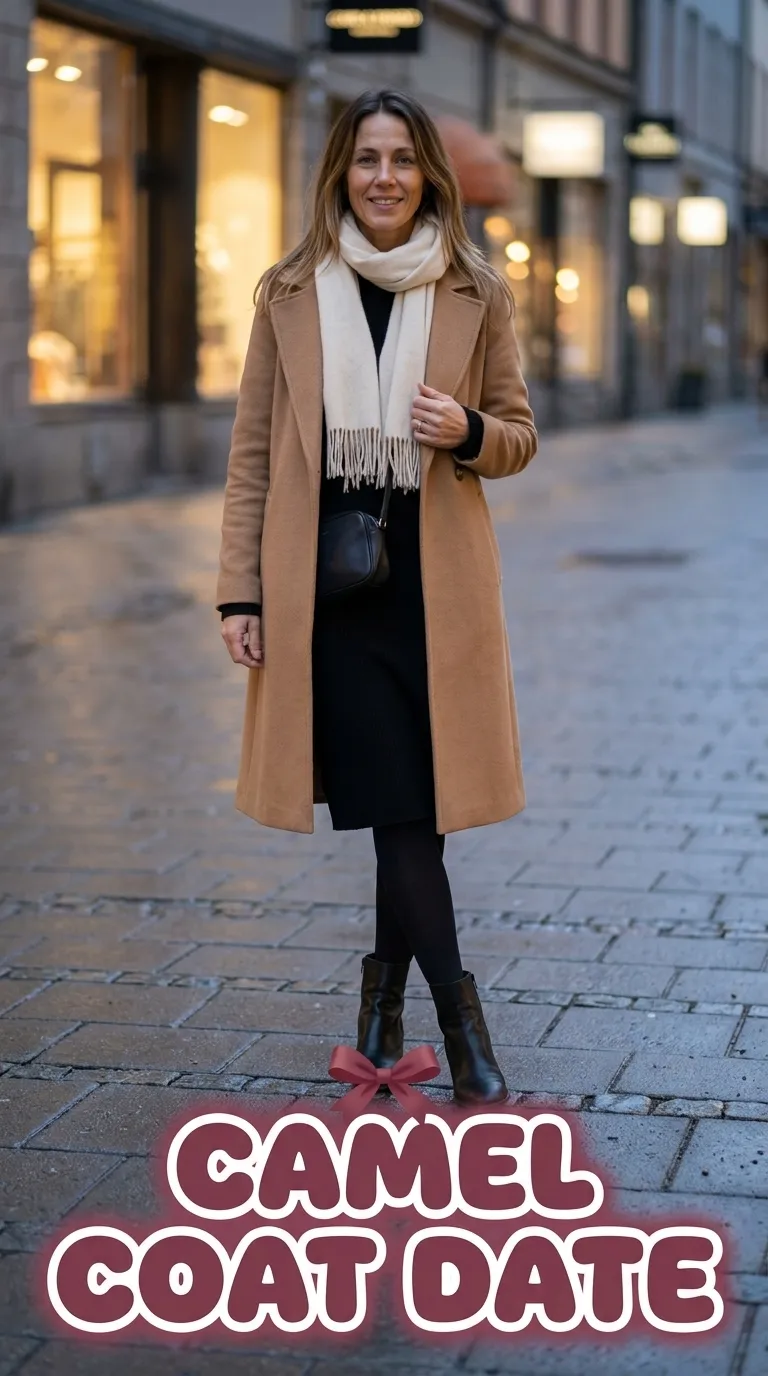 Woman in a camel wool coat worn open over a black knit dress with black tall boots