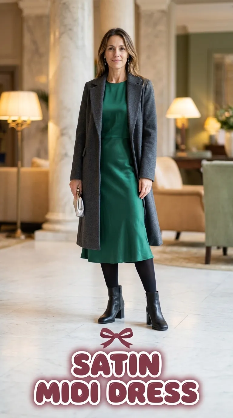 Woman in an emerald satin midi dress under a charcoal tailored wool coat with heeled ankle boots