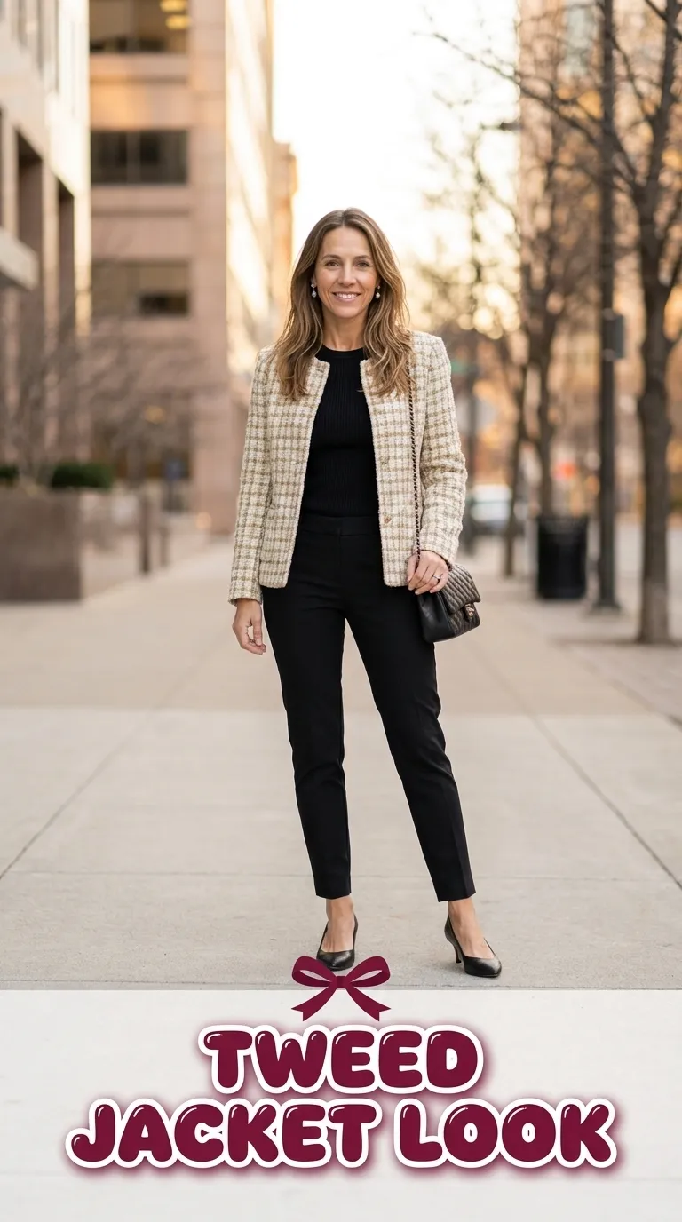 Woman in a cream tweed jacket over a black knit top with slim black trousers and low-heel pumps