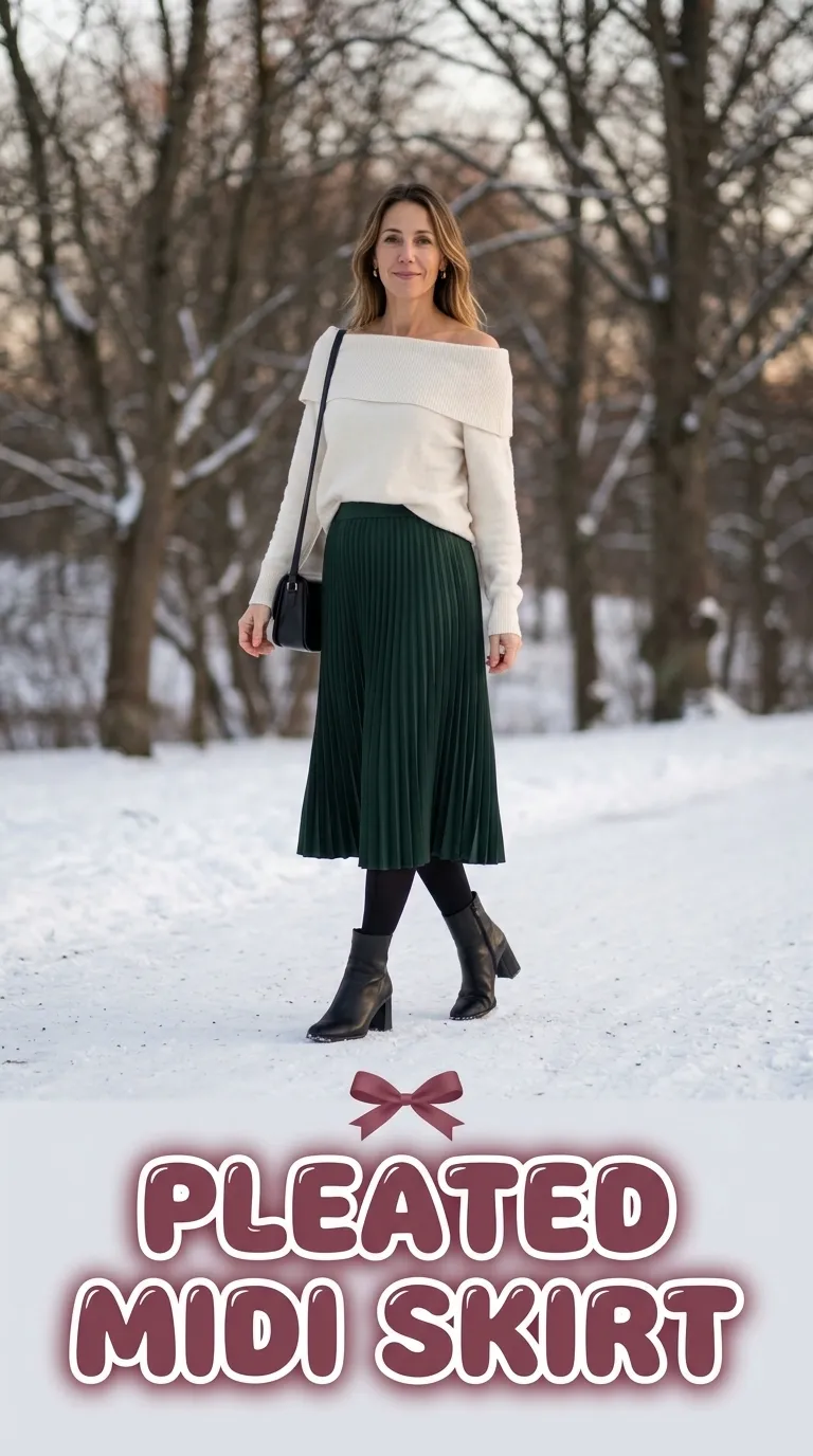 Woman in an ivory off-the-shoulder knit sweater and a dark green pleated midi skirt with heeled ankle boots