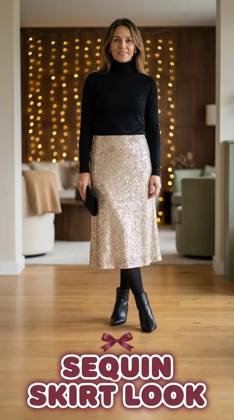 Woman in a black turtleneck and a champagne sequin midi skirt with pointed heeled boots