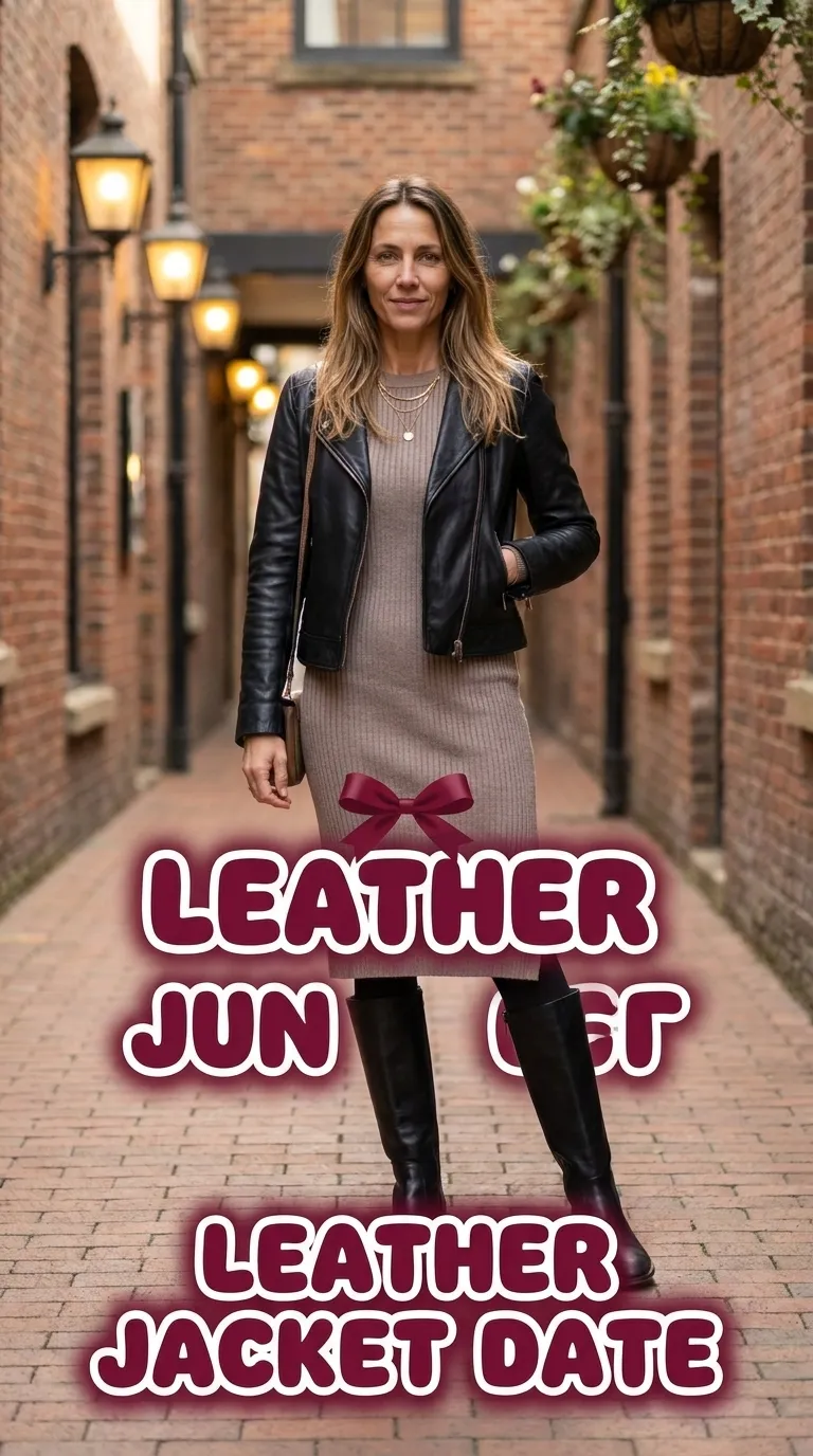 Woman in a black leather jacket over a taupe ribbed knit midi dress with tall boots