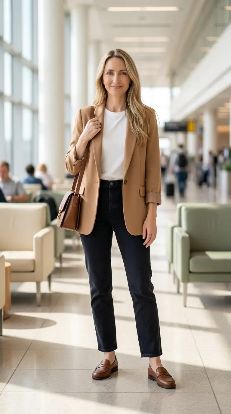 Dark straight-leg jeans with a soft camel blazer, white tee and leather loafers