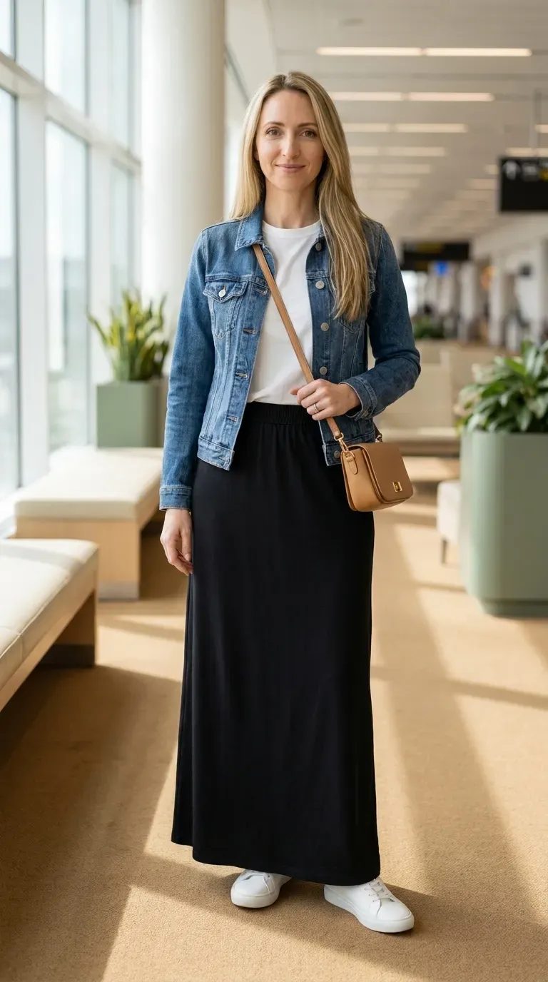 Black soft maxi skirt with a mid-wash denim jacket, white tee, sneakers and a crossbody bag