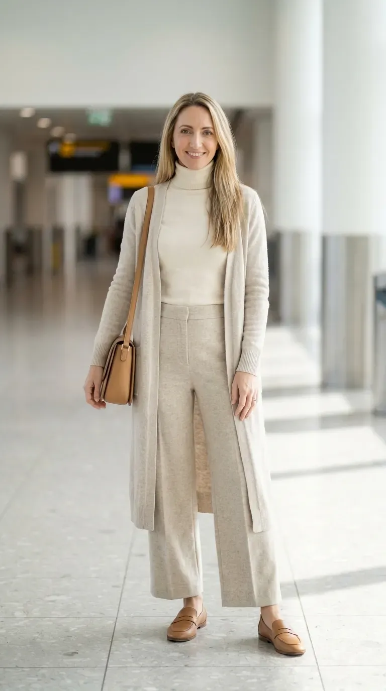 Cream knit top, oatmeal wide-leg pants and a stone cardigan with tan loafers and a leather bag