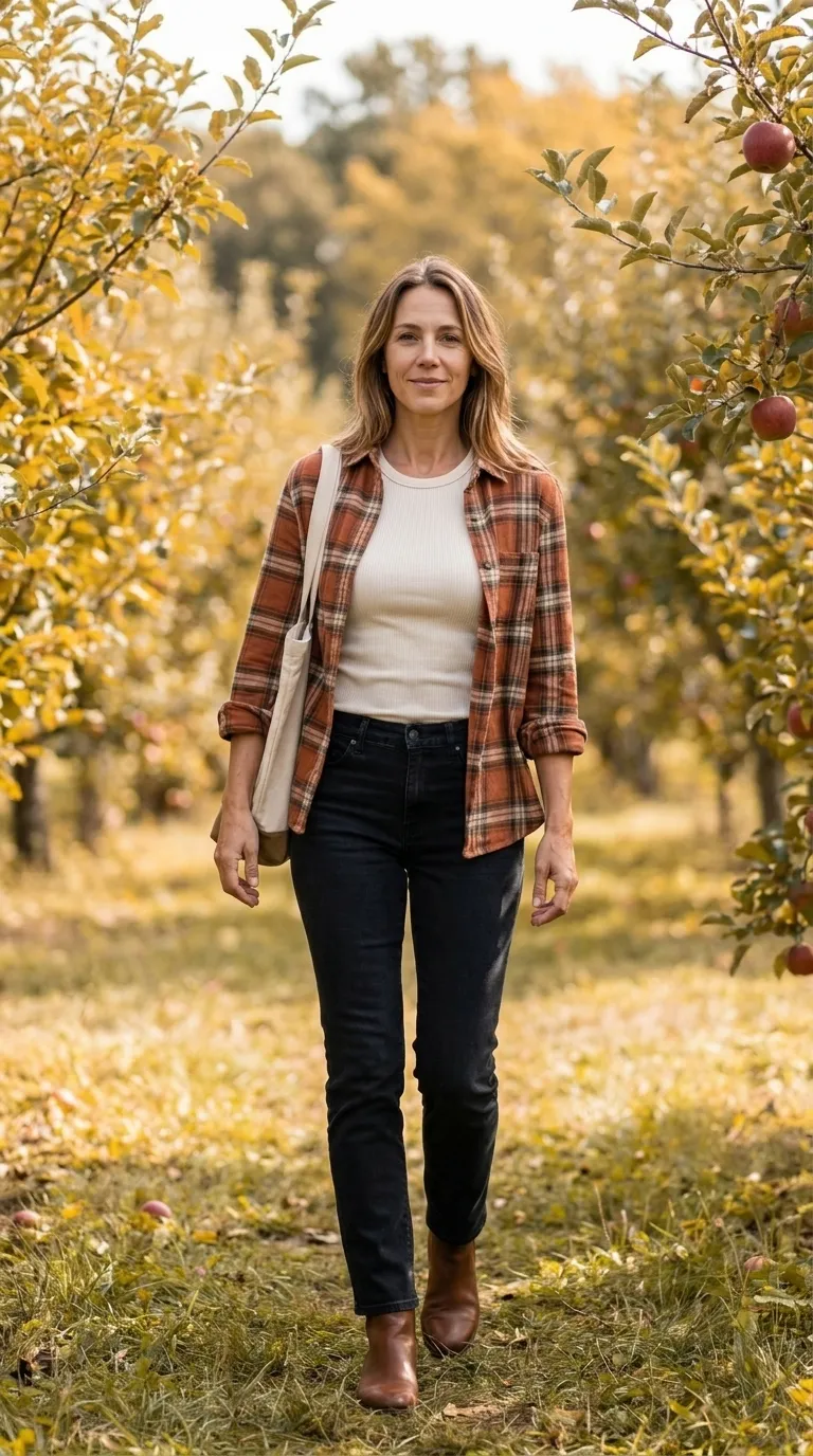 Woman wearing an open rust plaid flannel over a fitted tee with dark jeans and brown ankle boots