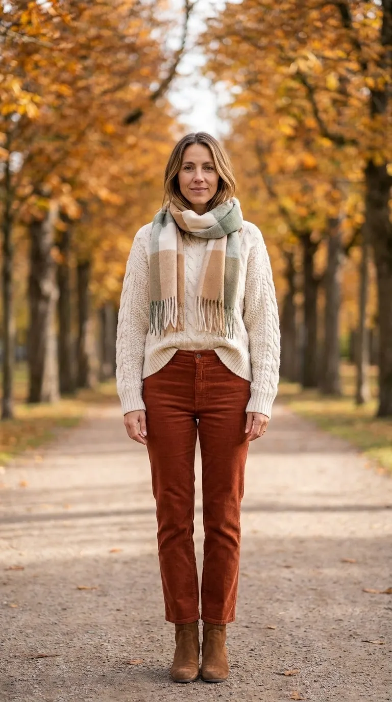 Woman wearing a cream chunky cable-knit sweater with rust straight-leg corduroy pants and suede ankle boots