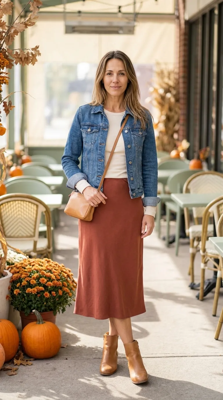 Woman wearing a denim jacket over a cream long-sleeve tee with a rust midi skirt and ankle boots