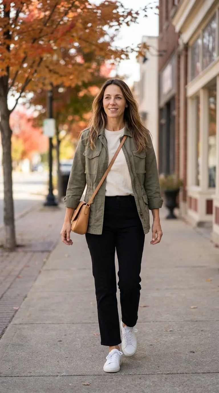 Woman wearing an olive utility jacket over a cream tee with black ankle pants and white sneakers